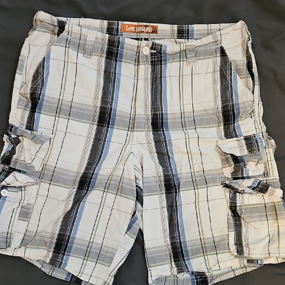 Men's Plaid Cargo Shorts - Black and White and Blue